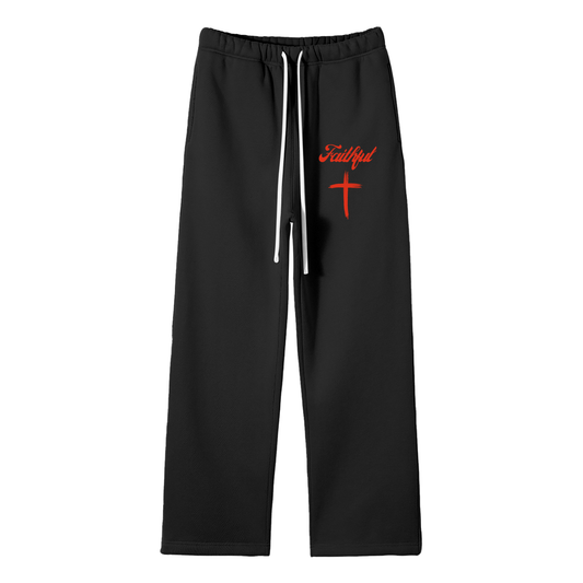 Faithful red - Unisex Solid Color Fleece Straight Leg Pants - Black