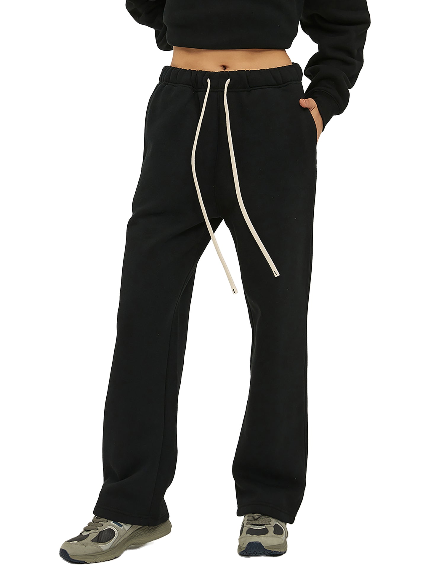 Faithful red - Unisex Solid Color Fleece Straight Leg Pants - Black